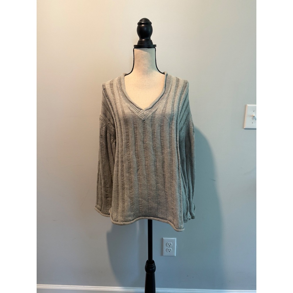 Emory Park Gray V-Neck Open Knit Ladder Stitch Relaxed Sweater size Medium NWT